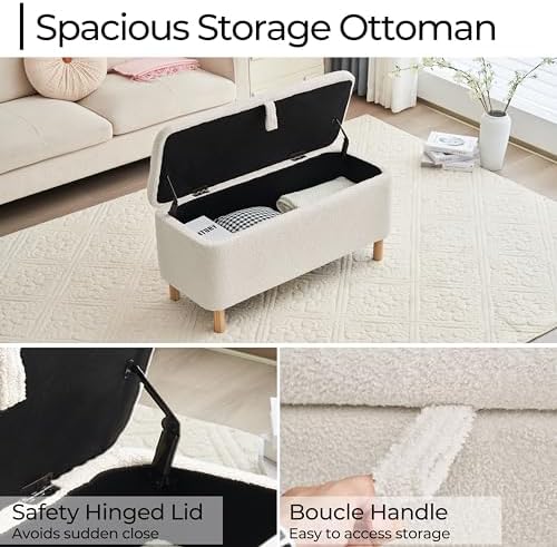 Boucle storage bench wood leg detail