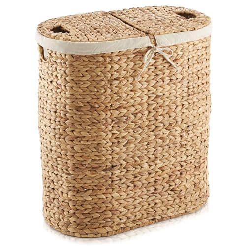 Laundry hamper lid open showing two-section interior