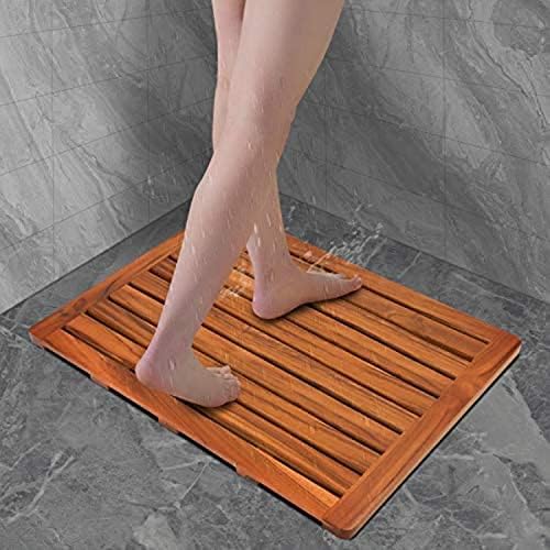 Teak bath mat styled in bathroom setting