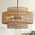 Hand-woven rattan tiered chandelier hanging over a dining table