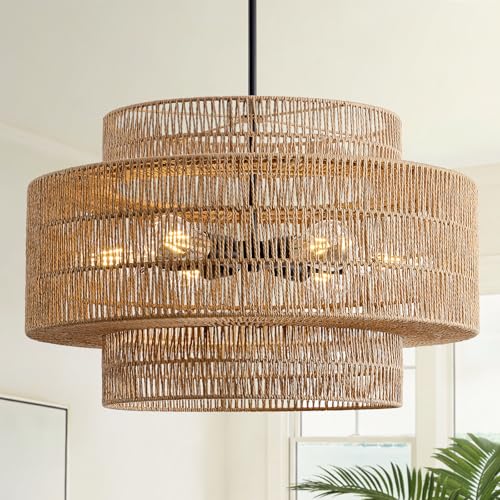 Hand-woven rattan tiered chandelier hanging over a dining table