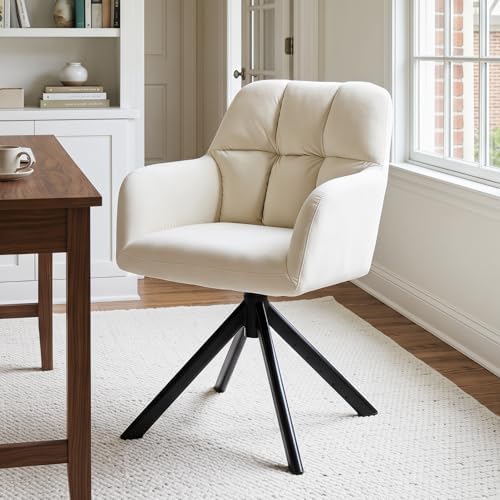 Cream velvet swivel desk chair styled in a home office