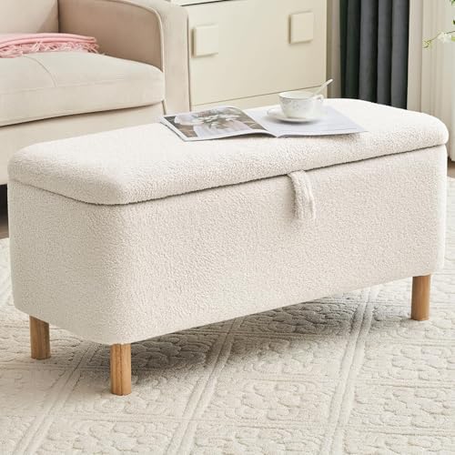 Boucle storage bench styled at end of bed