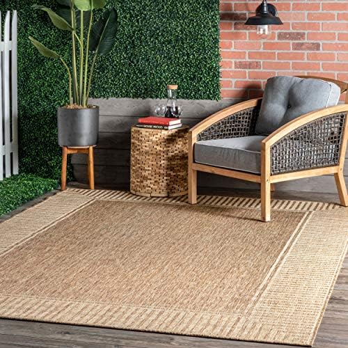 Bordered indoor outdoor area rug styled on a patio