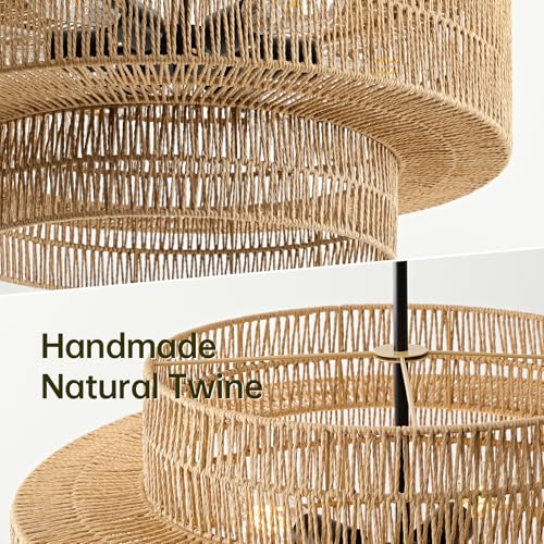 Rattan chandelier lit, casting dappled shadow patterns