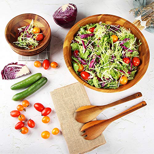 Acacia wood bowl styled with salad on a table