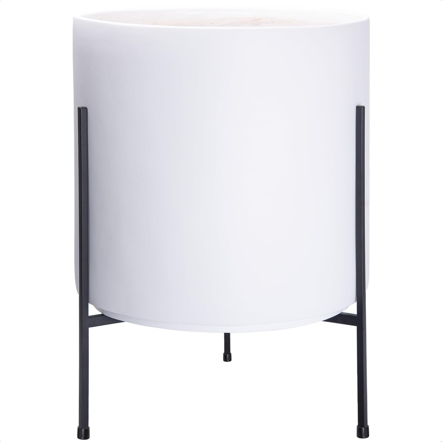 Modern white cylinder planter on a black iron stand