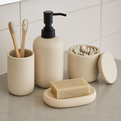 Ceramic bathroom accessory set of 4 styled on counter