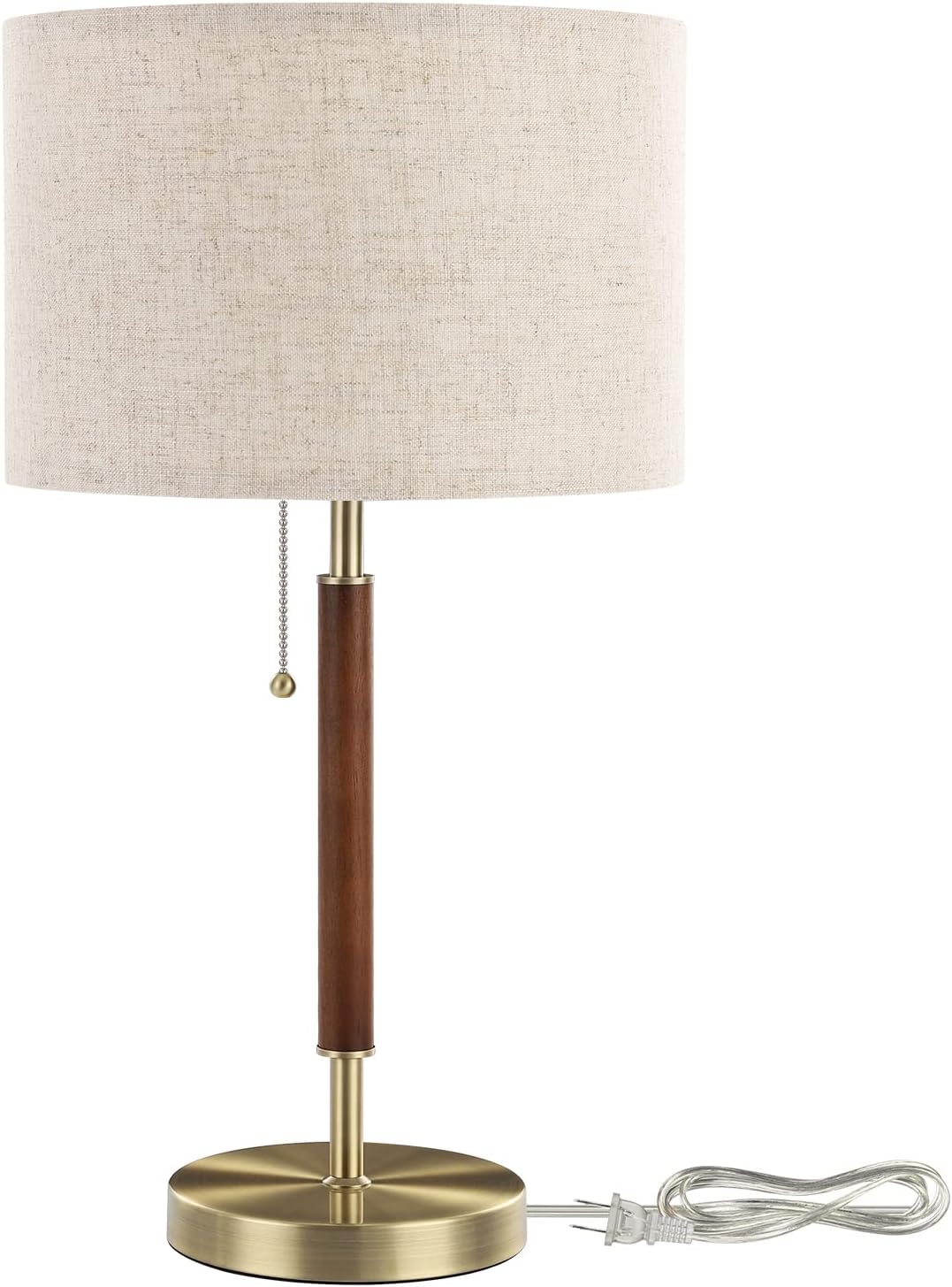 Walnut and brass table lamp with oatmeal linen drum shade