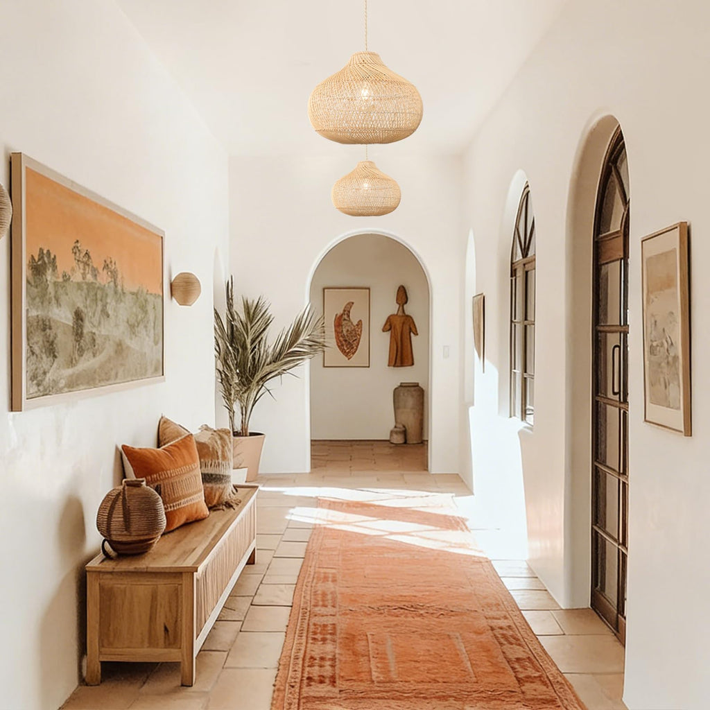 Rattan pendant light shown with cord and canopy detail