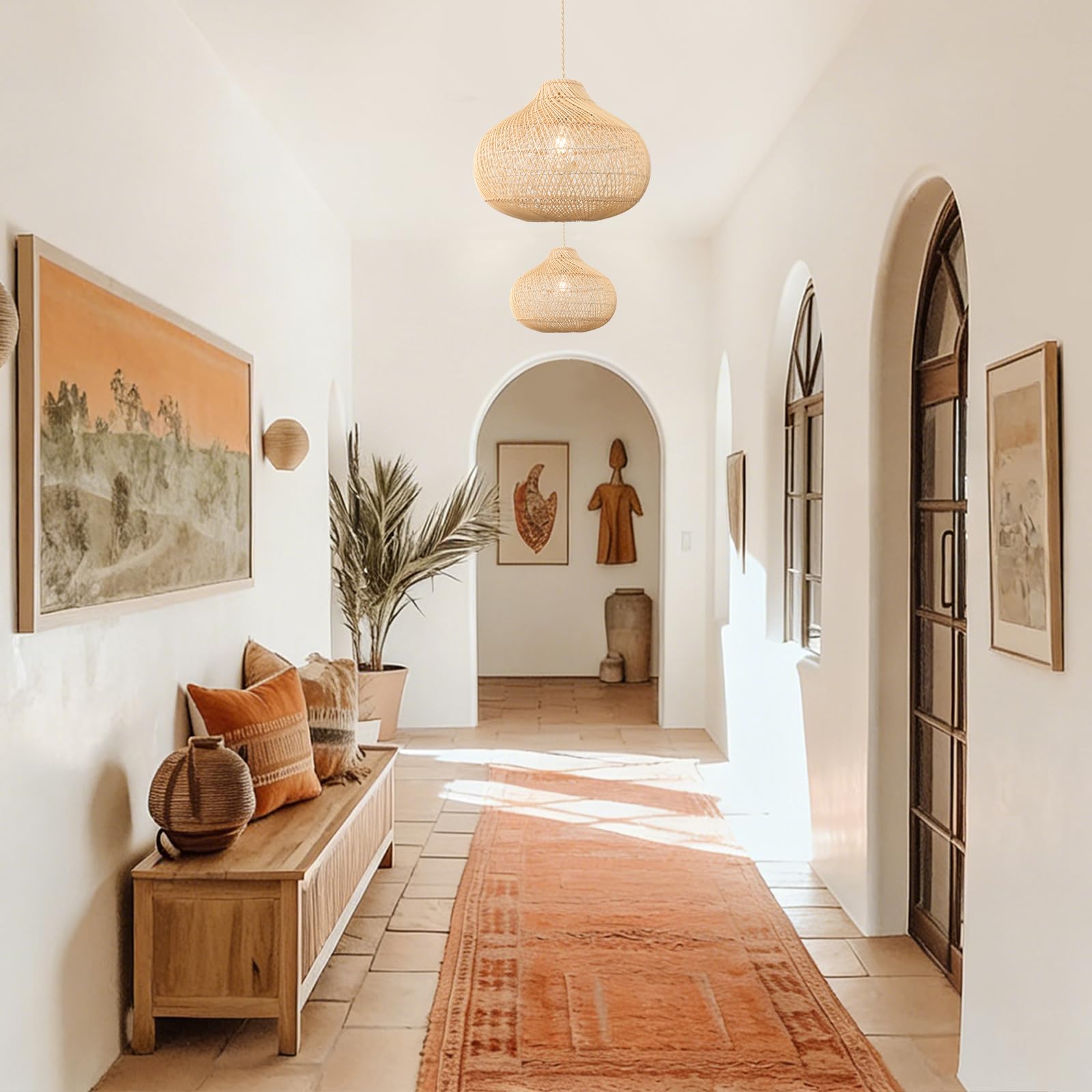 Rattan pendant light shown with cord and canopy detail
