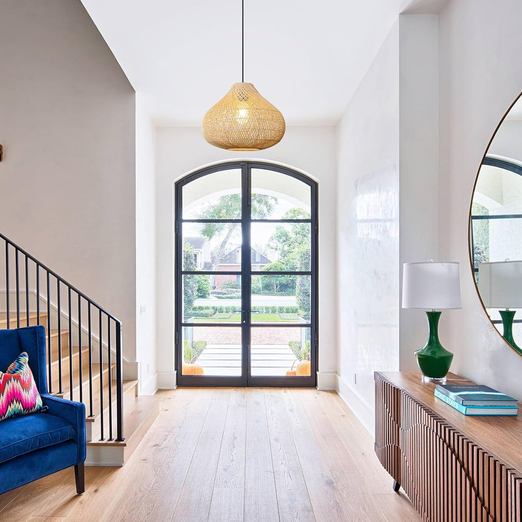 Rattan pendant light styled in an entryway