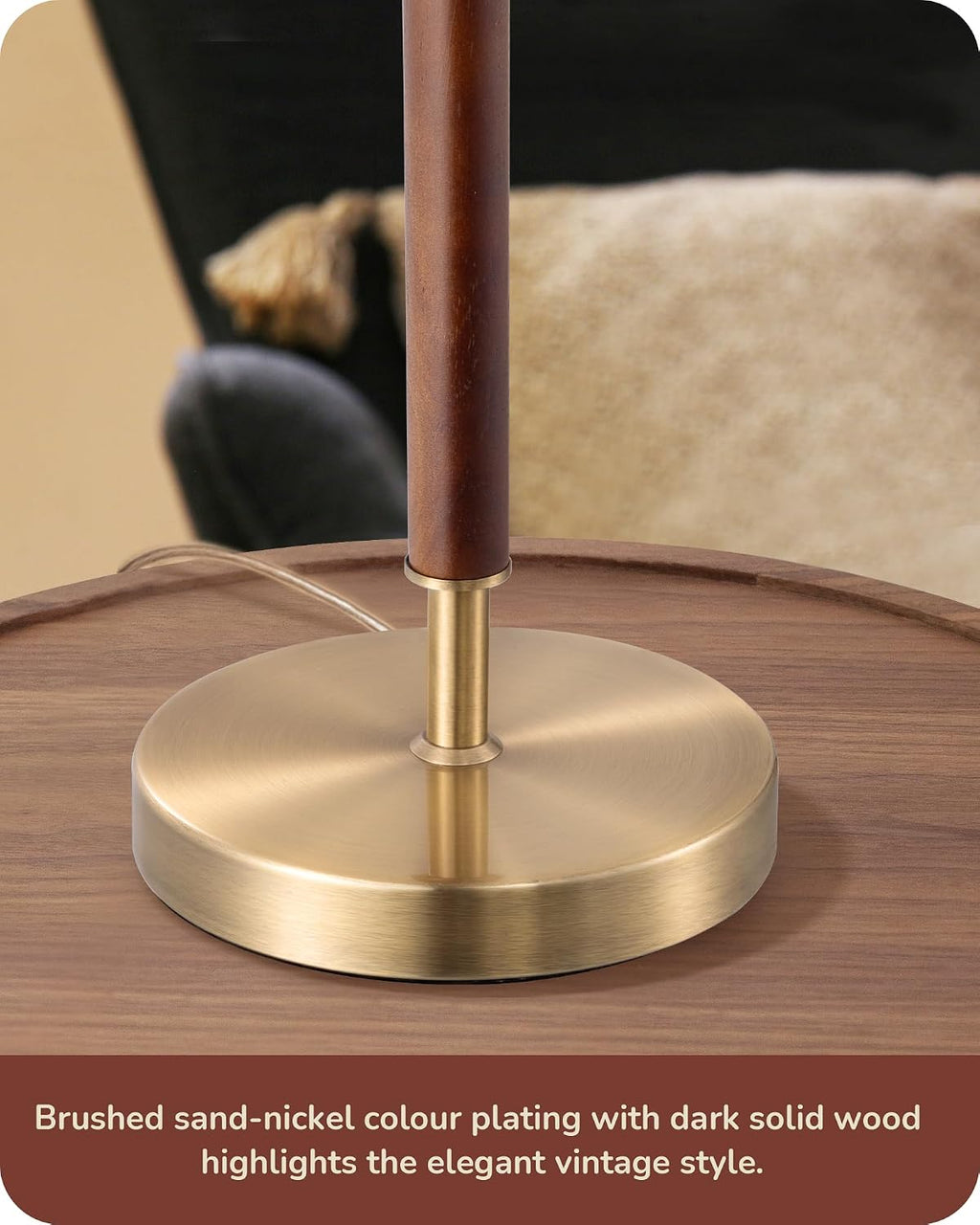 Detail of walnut stem and brushed brass lamp base