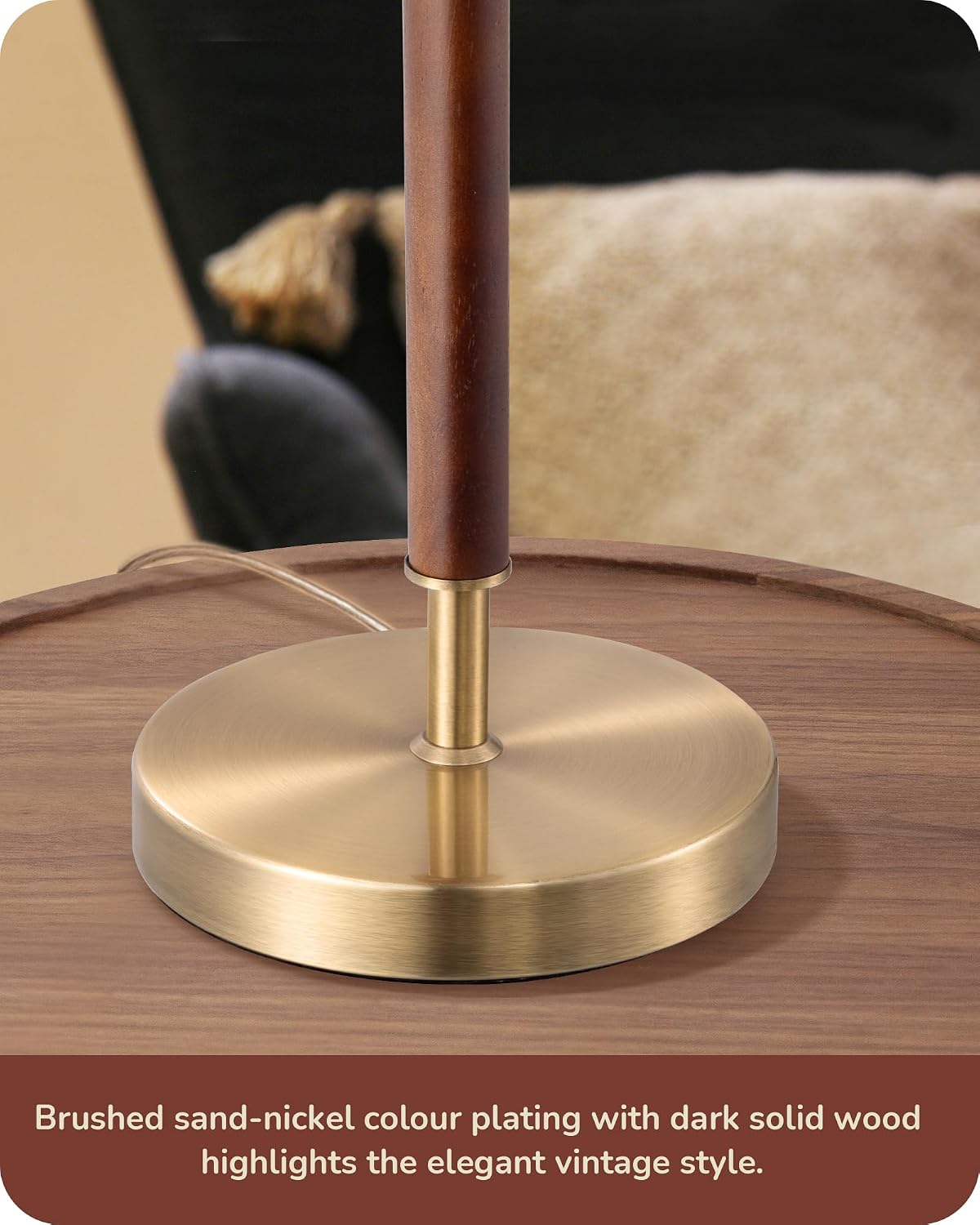 Detail of walnut stem and brushed brass lamp base