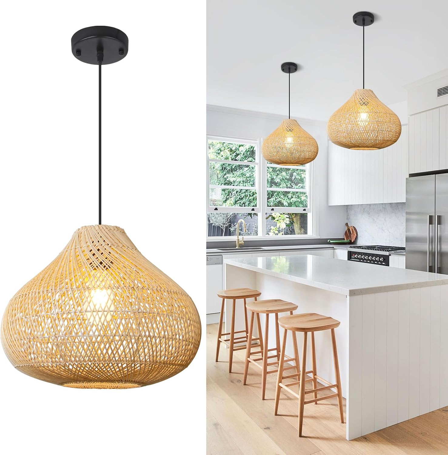 Modern handwoven rattan pendant light hanging against a plain background