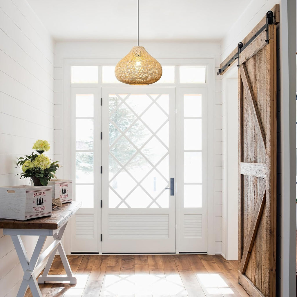 Rattan pendant light styled in a dining room setting
