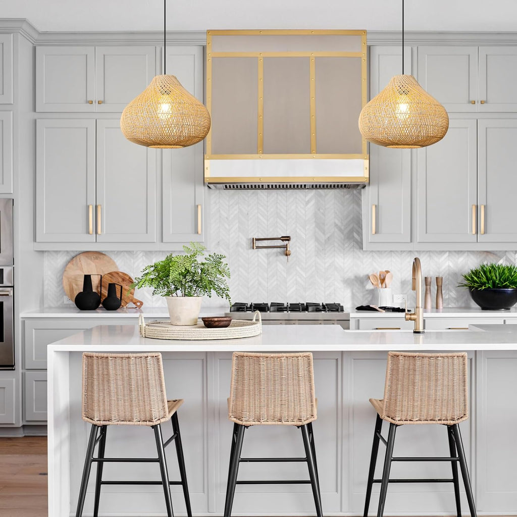 Rattan pendant light styled above a kitchen island