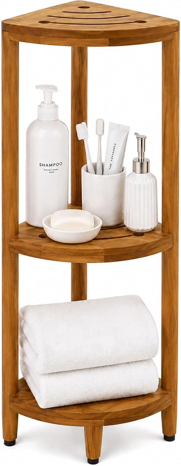 Solid teak 3-tier corner shower shelf