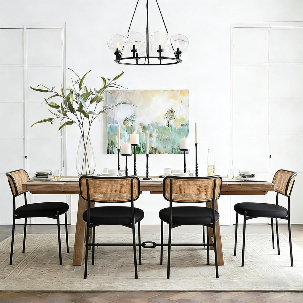 Modern rattan dining chairs styled around a dining table