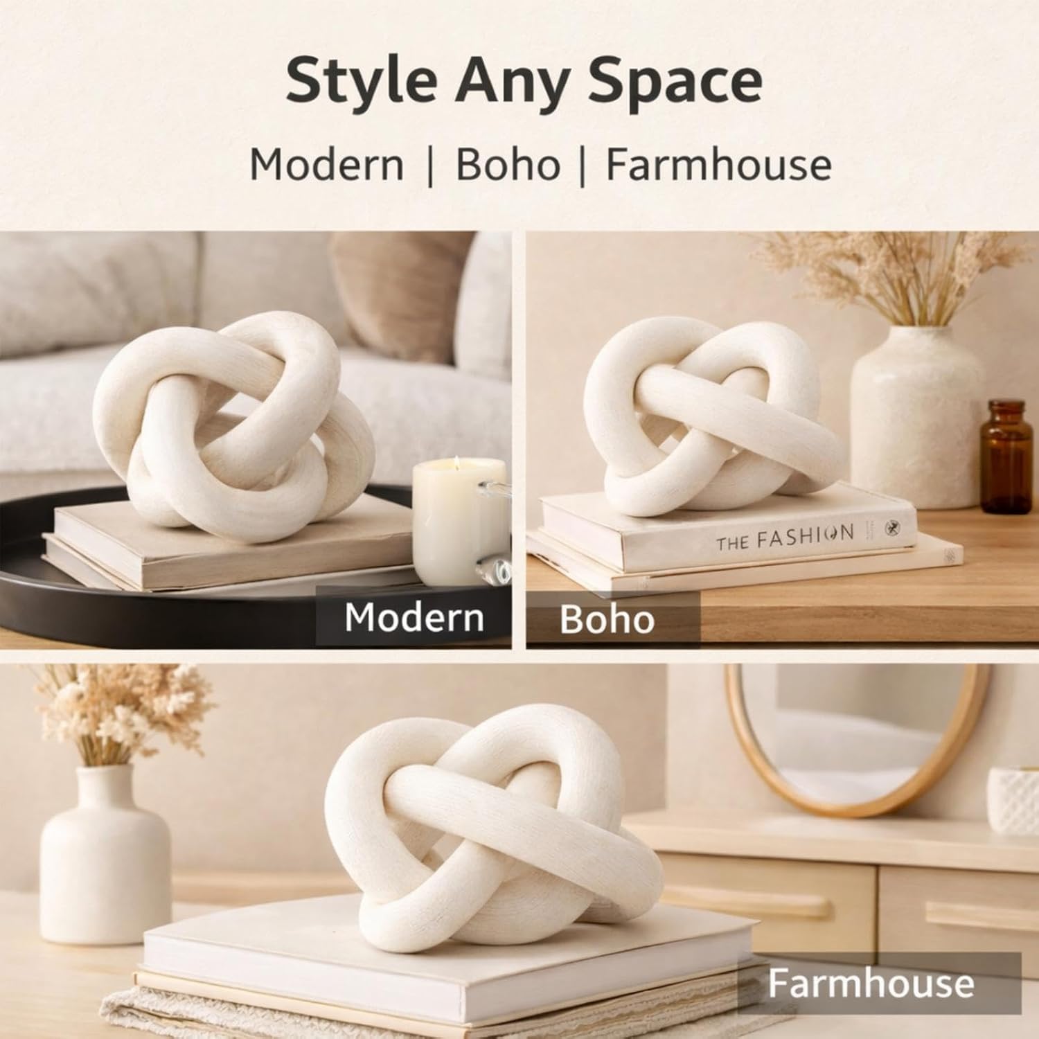 Wood knot sculpture styled on a coffee table with books