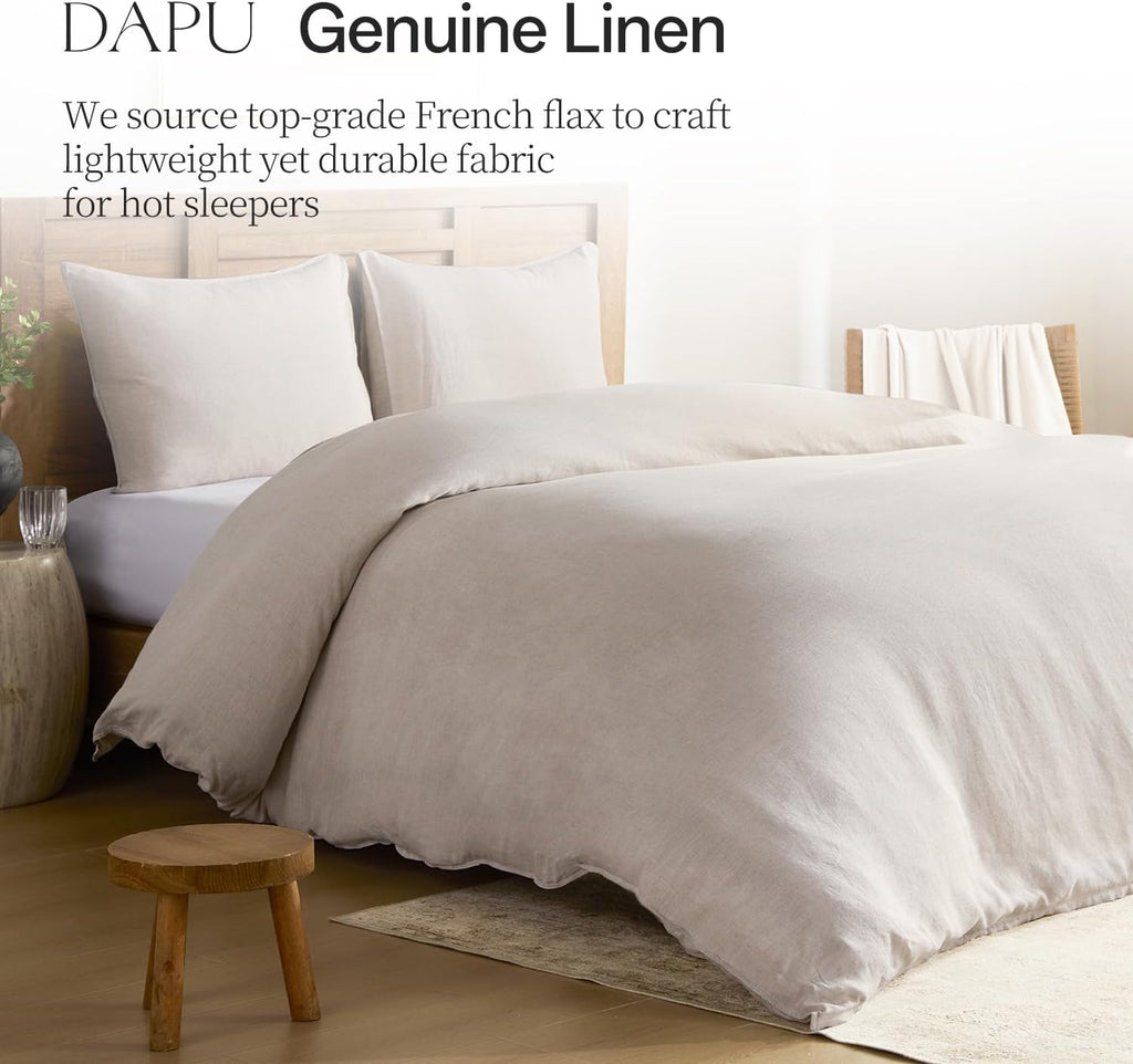 Natural stonewashed French linen duvet cover on a made bed