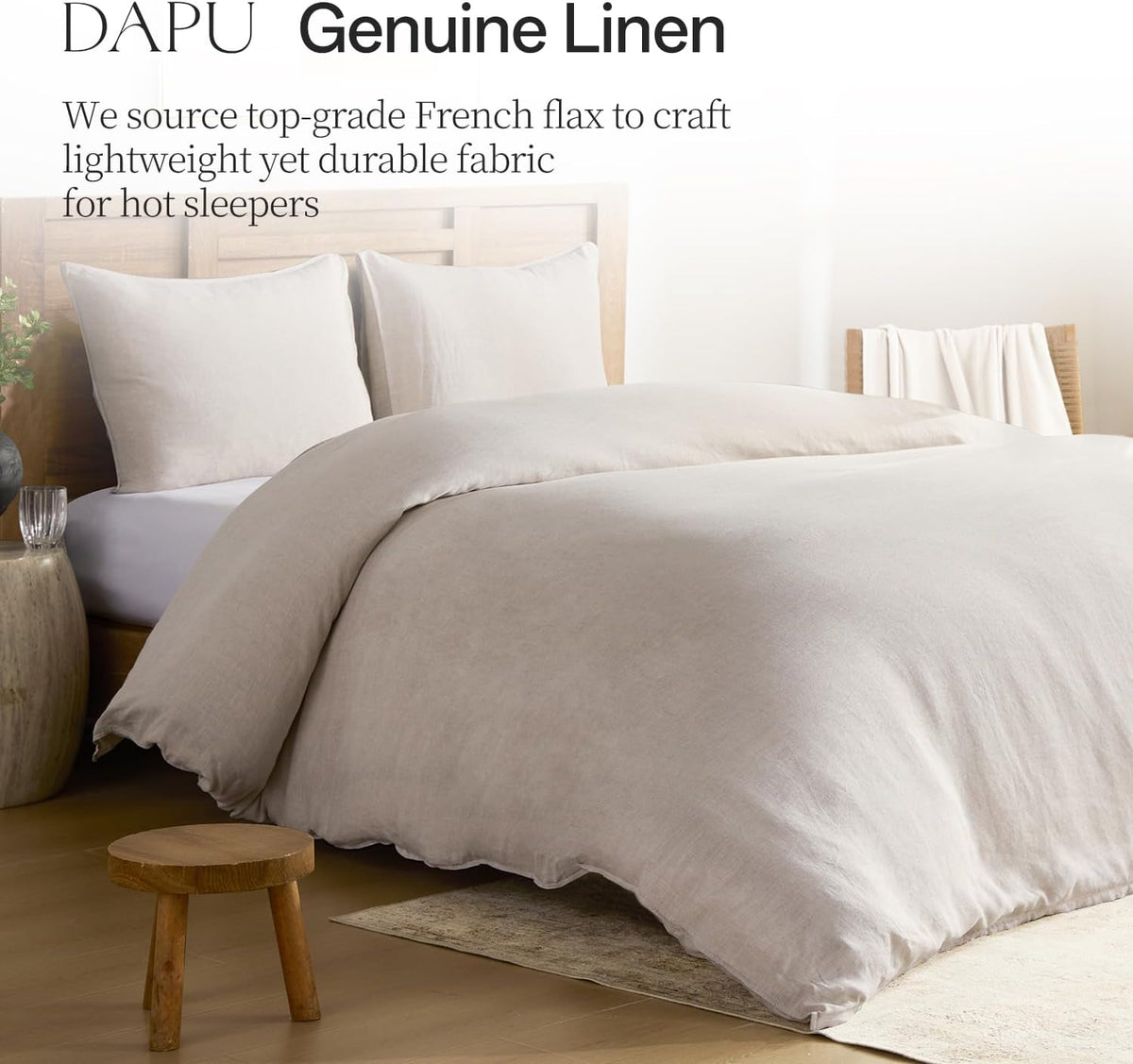 Natural stonewashed French linen duvet cover on a made bed