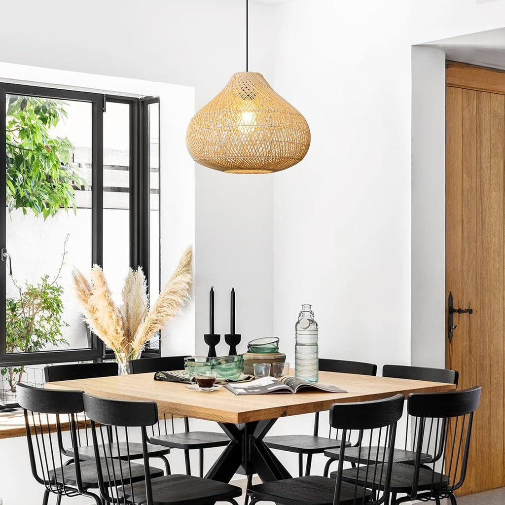 Rattan pendant light shown in the 12 inch Wood Tone size