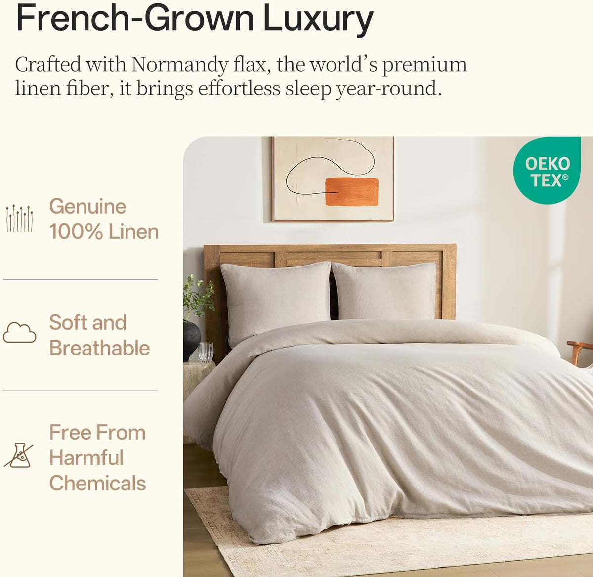 Close-up of relaxed linen texture on the duvet cover