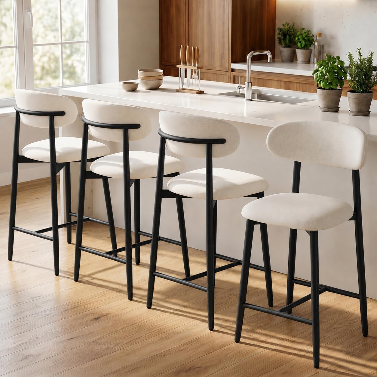 Close-up of the bar stool's upholstered seat and backrest