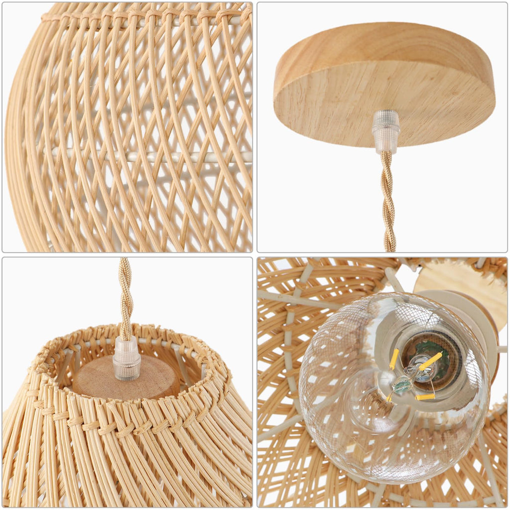 Two rattan pendant lights hung side by side above a counter