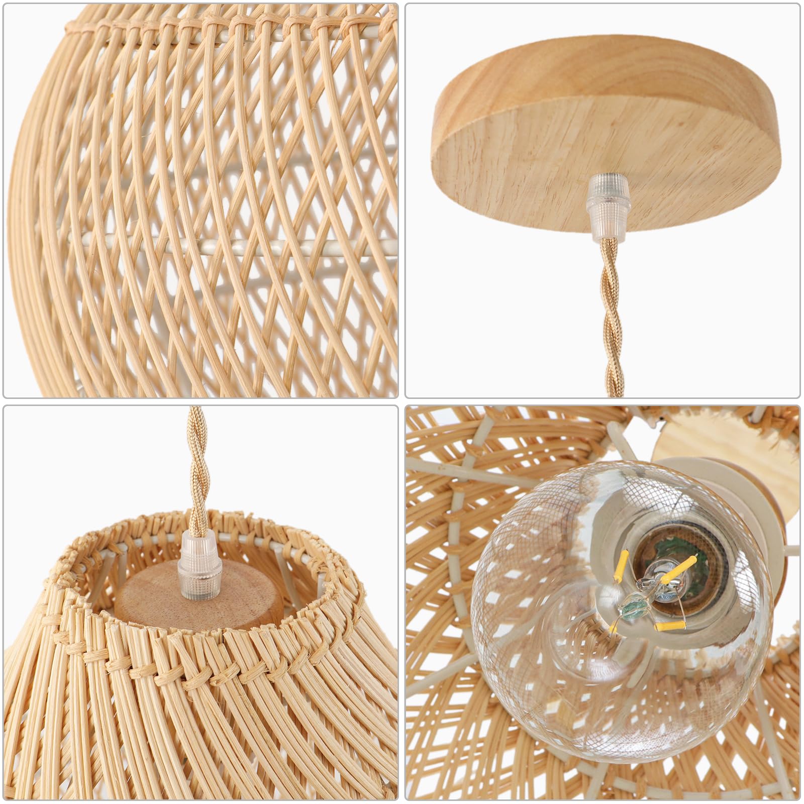 Two rattan pendant lights hung side by side above a counter