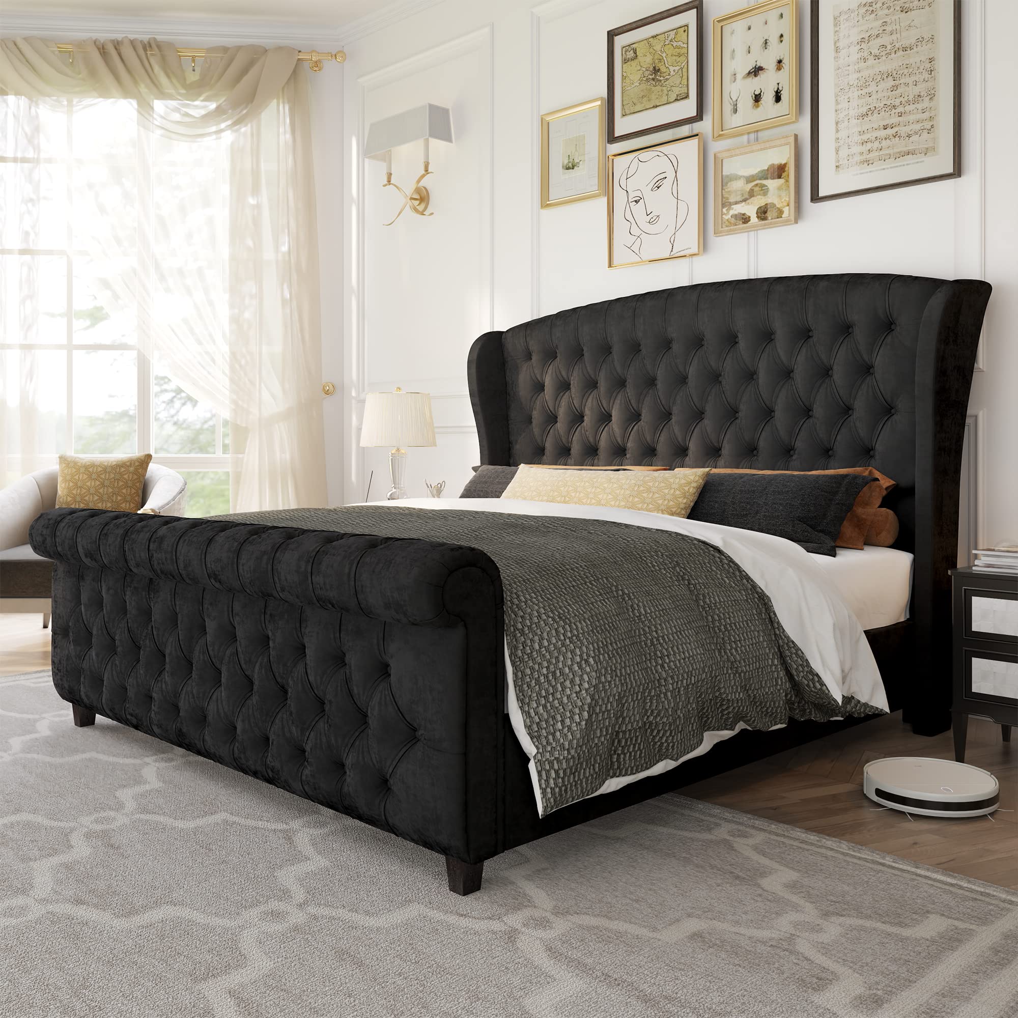Close-up of the sleigh bed's button tufted headboard