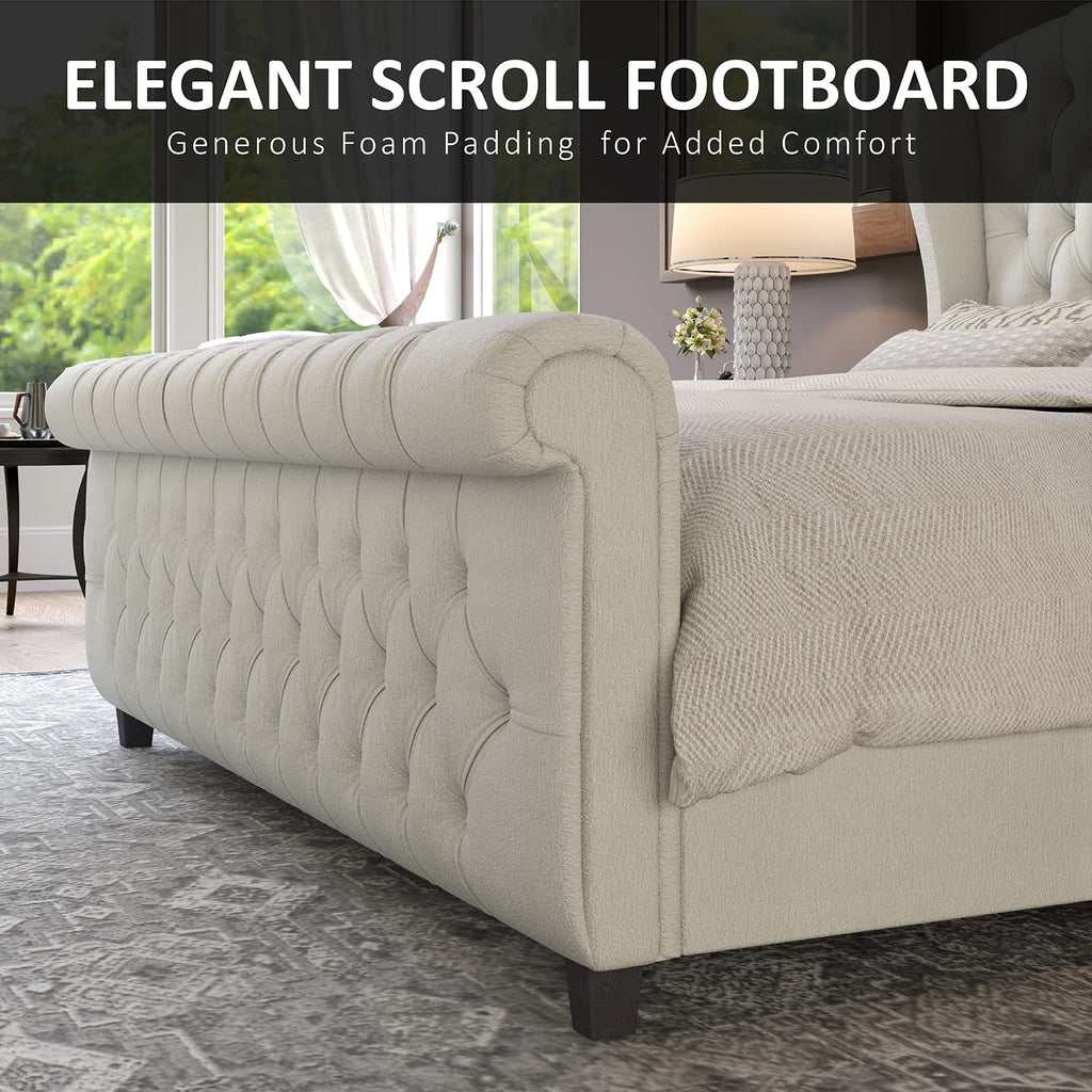 Sleigh bed wood slat support system shown without a mattress