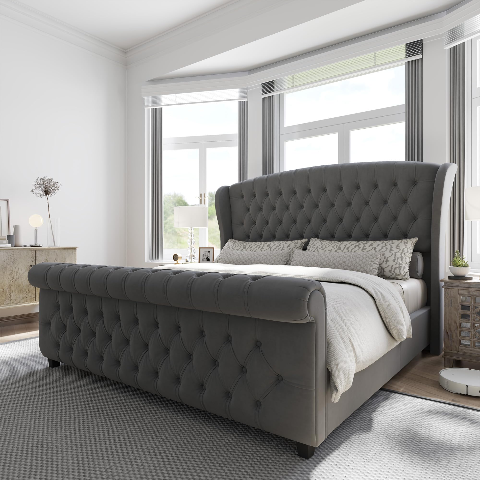 Sleigh bed shown in the Cream chenille finish