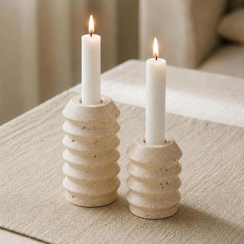 Travertine stone candle holders set of 2 styled on a table