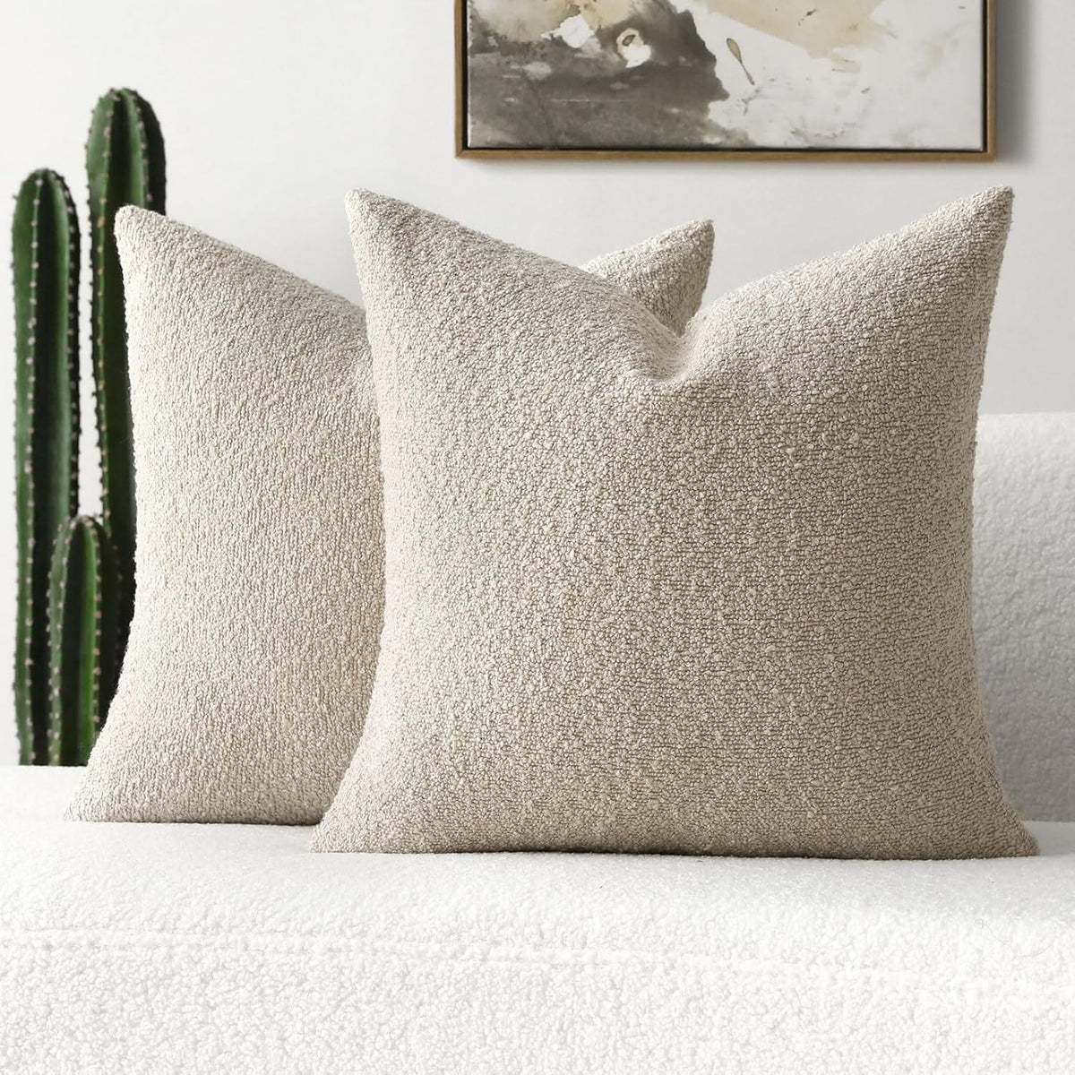 Boucle textured throw pillow covers in beige, set of 2