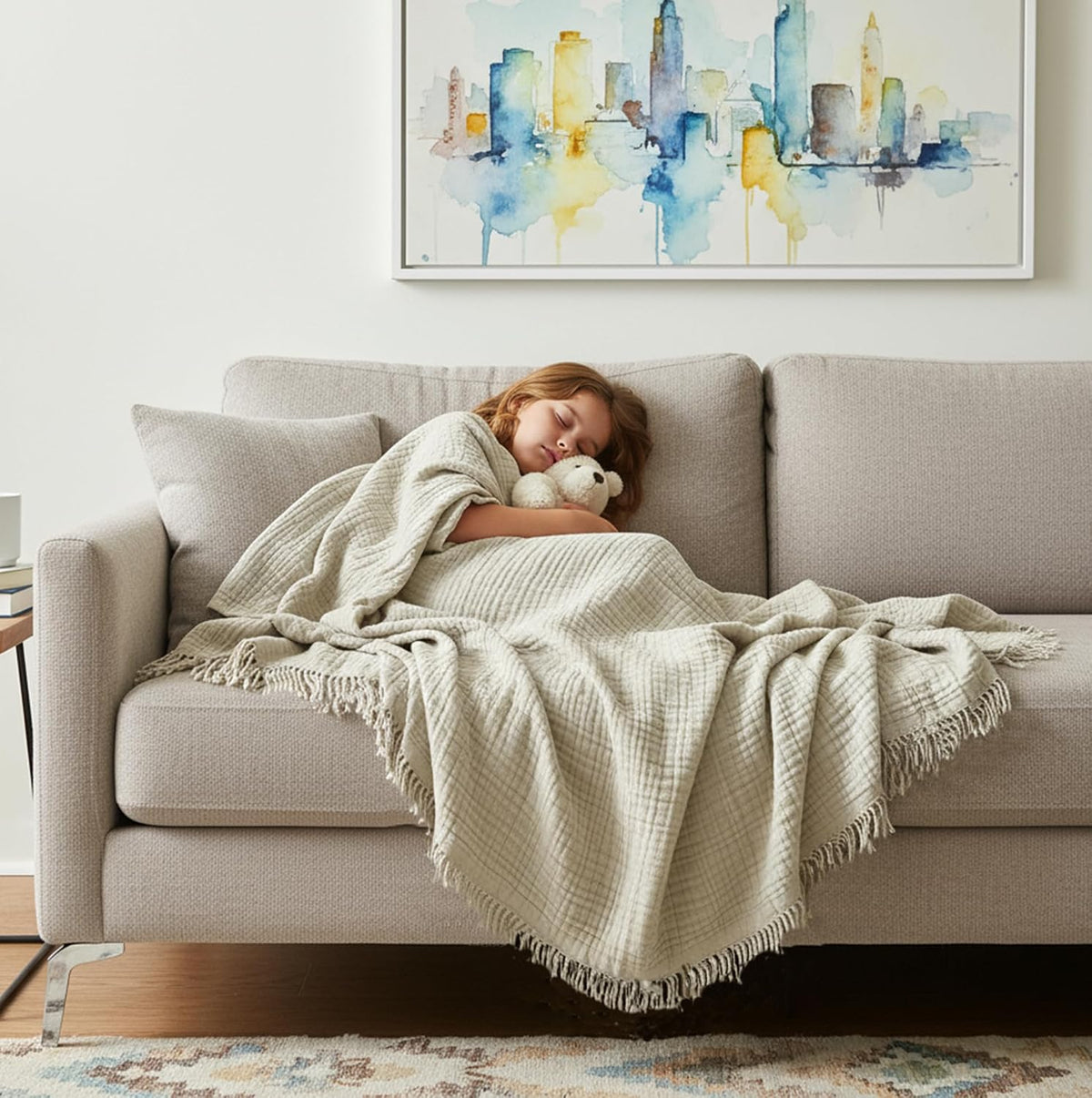 Muslin throw blanket layered on a living room sofa