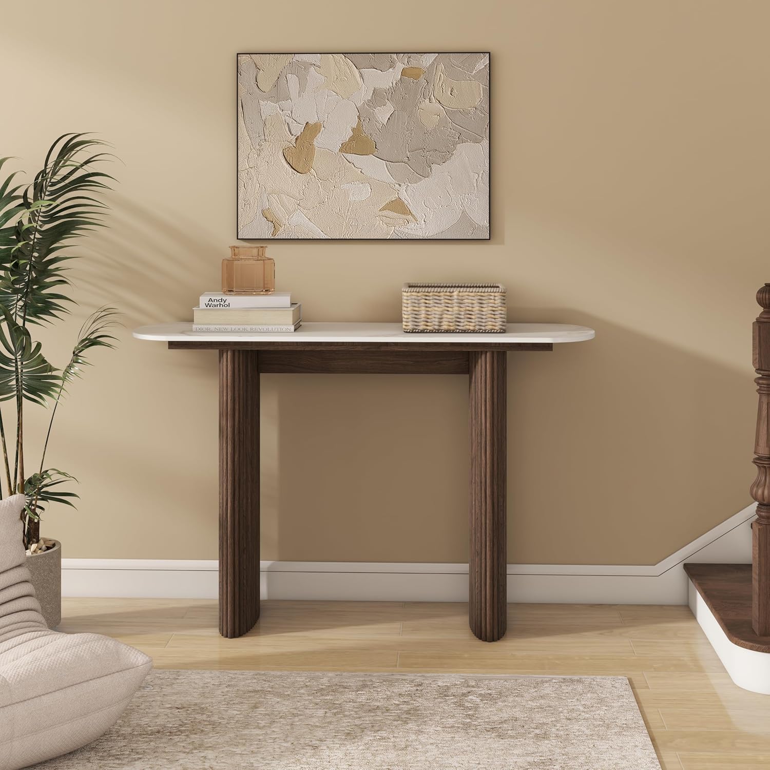 Close-up of the console table's fluted base detail