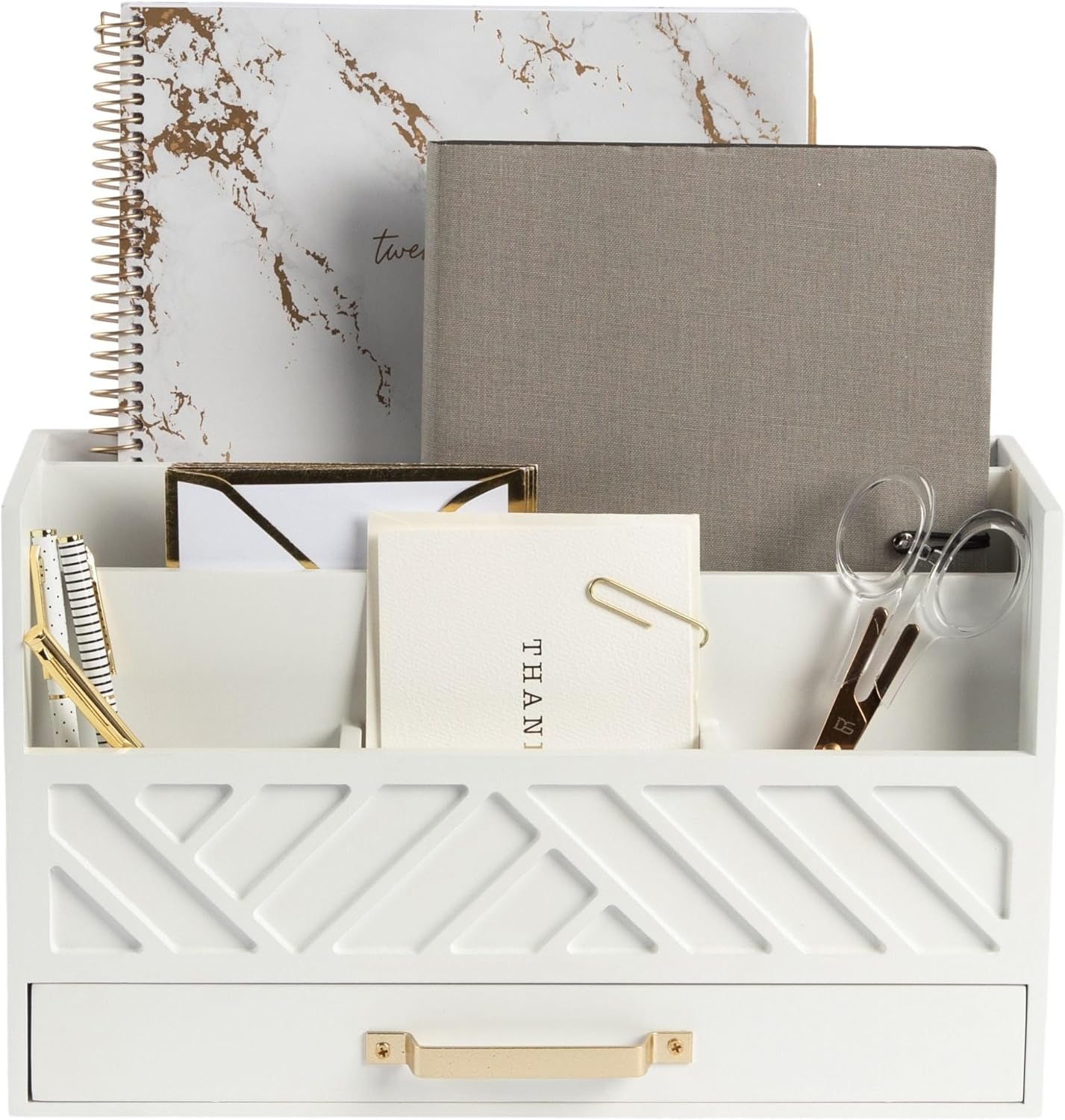 White wood desk organizer with gold handle drawer, mail sorter, and six compartments