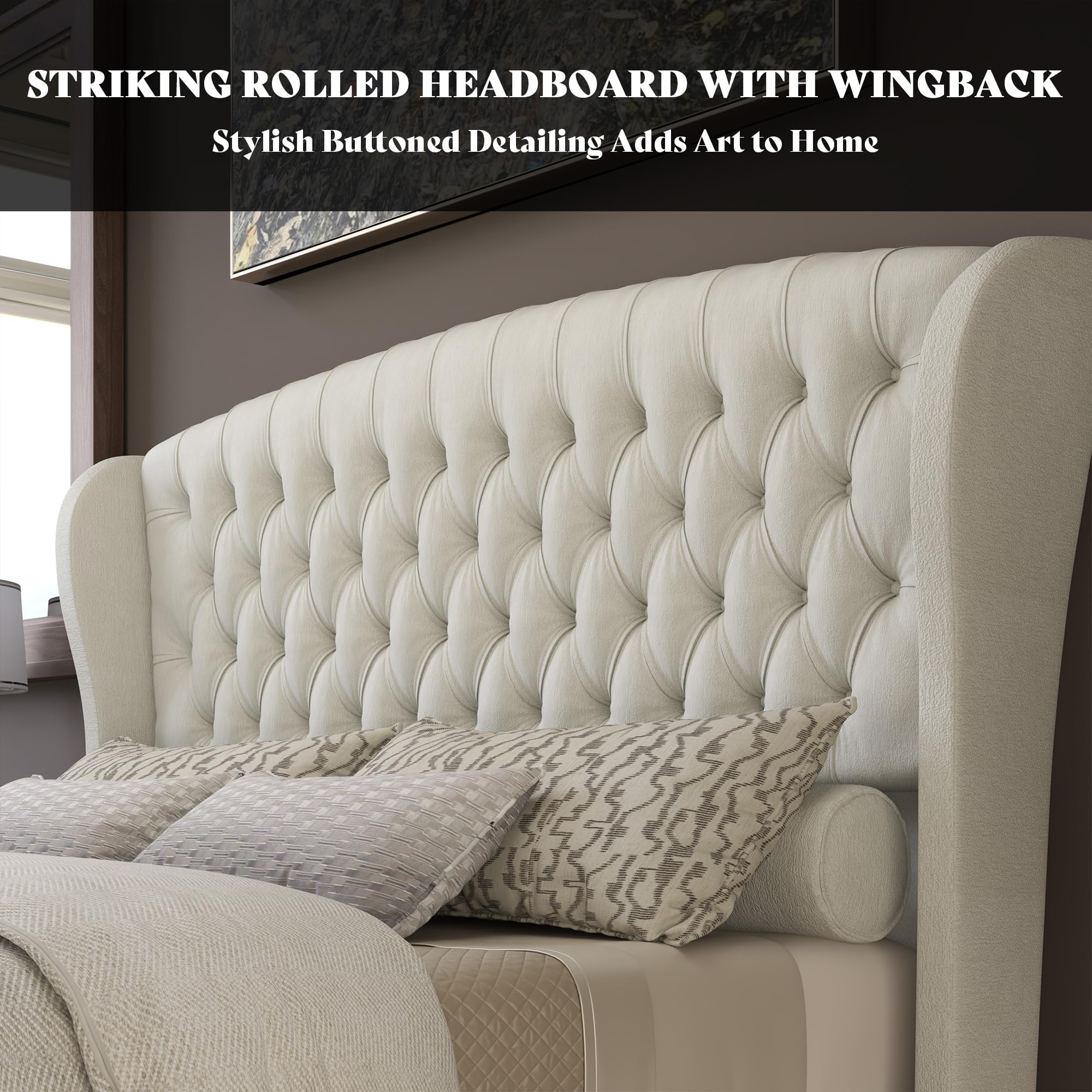Sleigh bed shown in the Khaki chenille finish