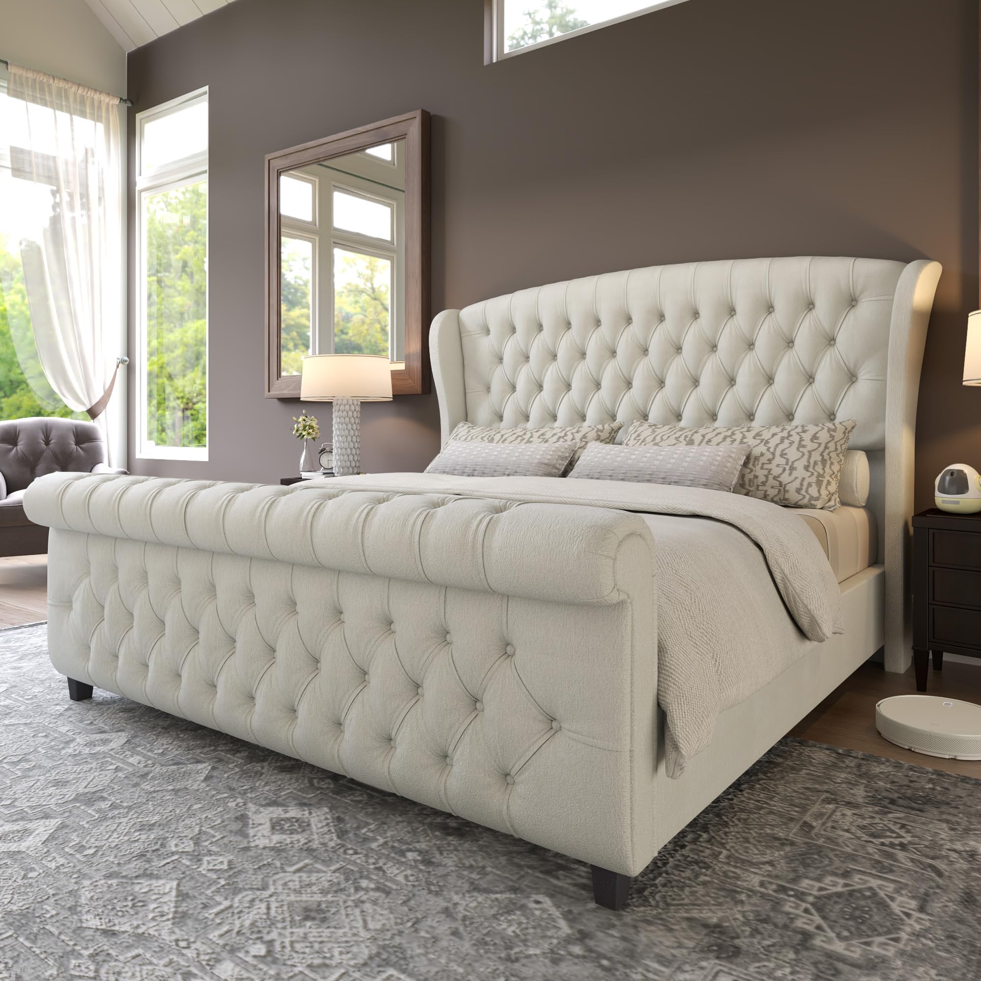 Sleigh bed frame shown on a plain background