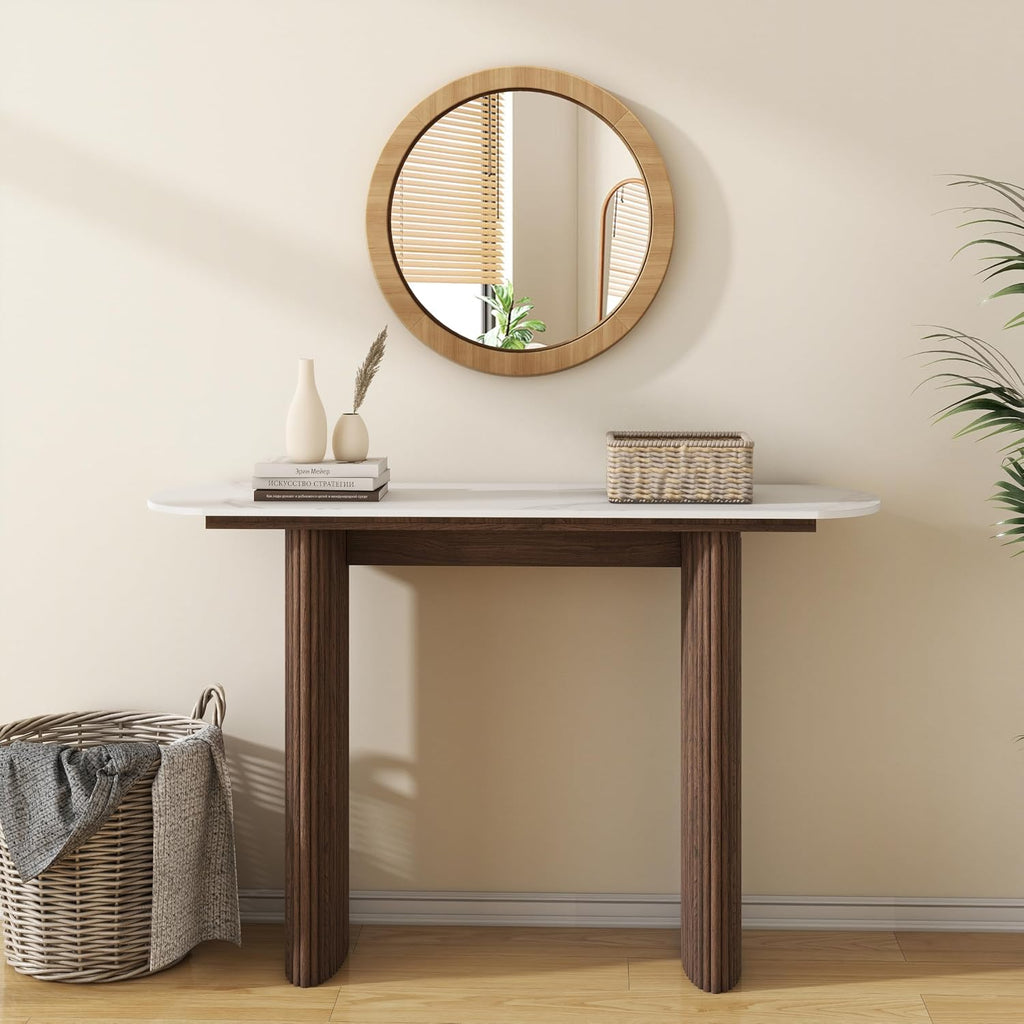 Close-up of the console table's sintered stone top texture
