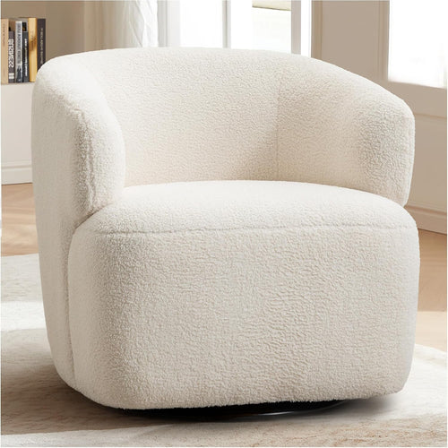 Boucle swivel barrel chair in a living room