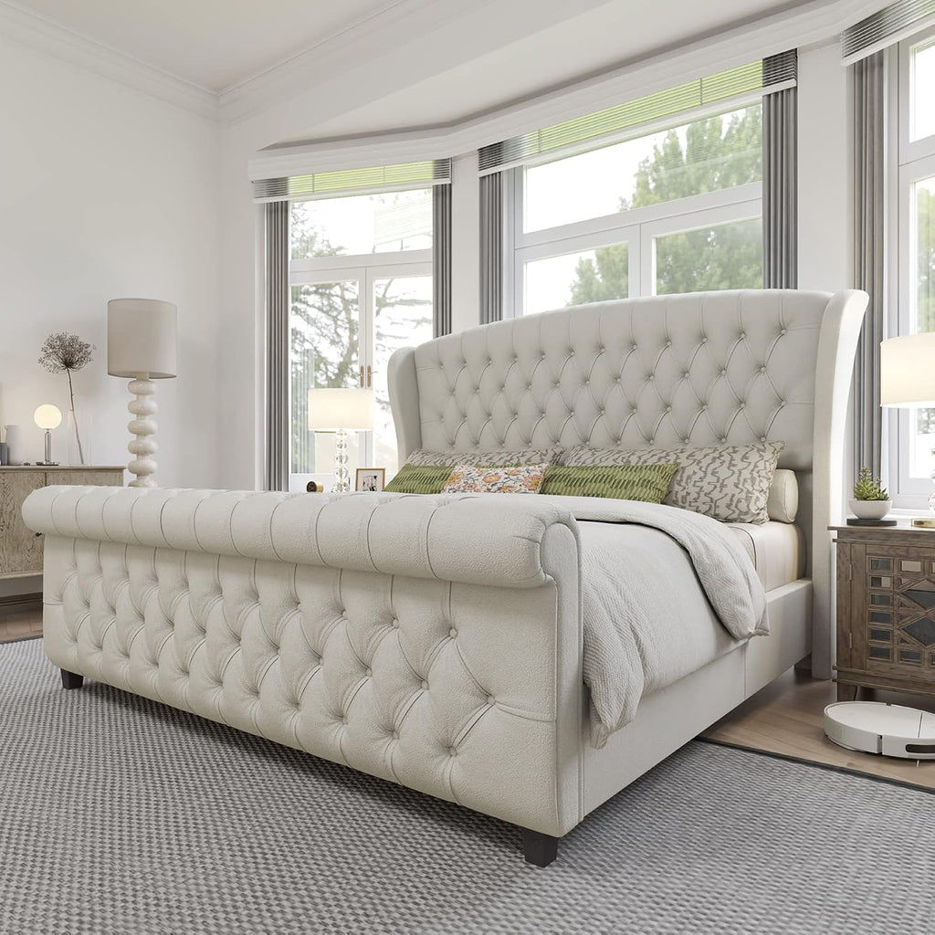 Tufted upholstered sleigh bed styled in a bedroom