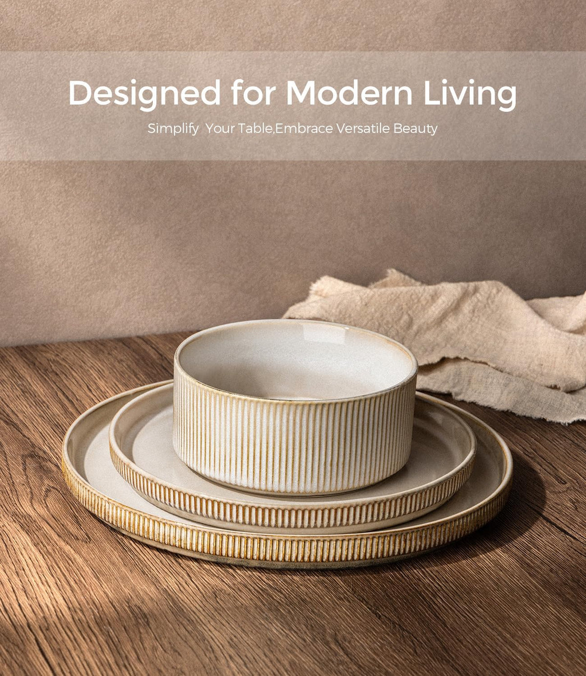 Fluted stoneware bowl and plates on a rustic wood surface