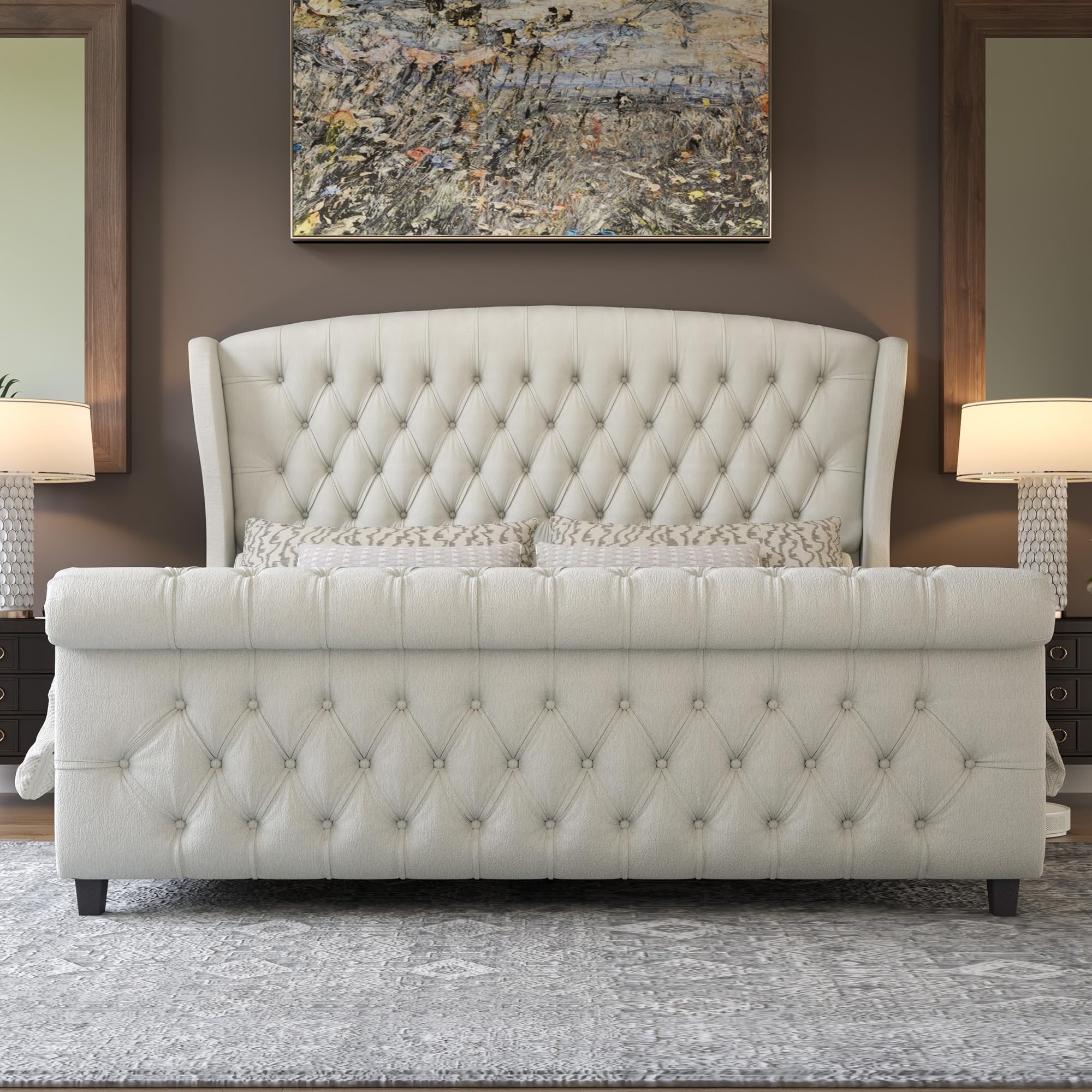 Sleigh bed shown in the Grey chenille finish