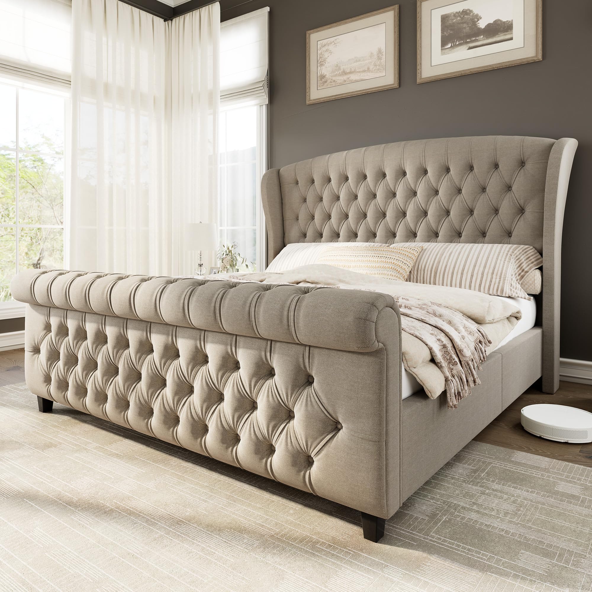 Sleigh bed shown in the Black chenille finish
