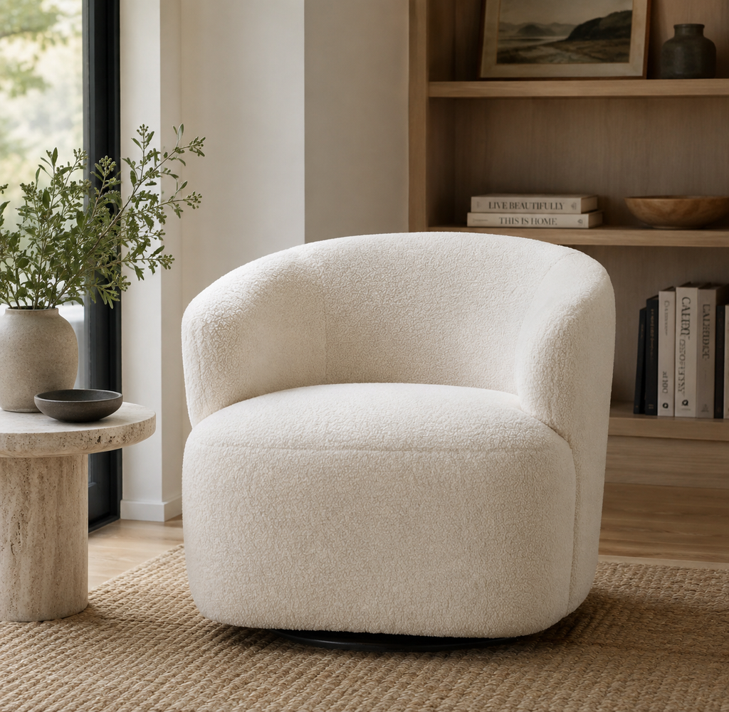 Boucle Swivel Barrel Chair