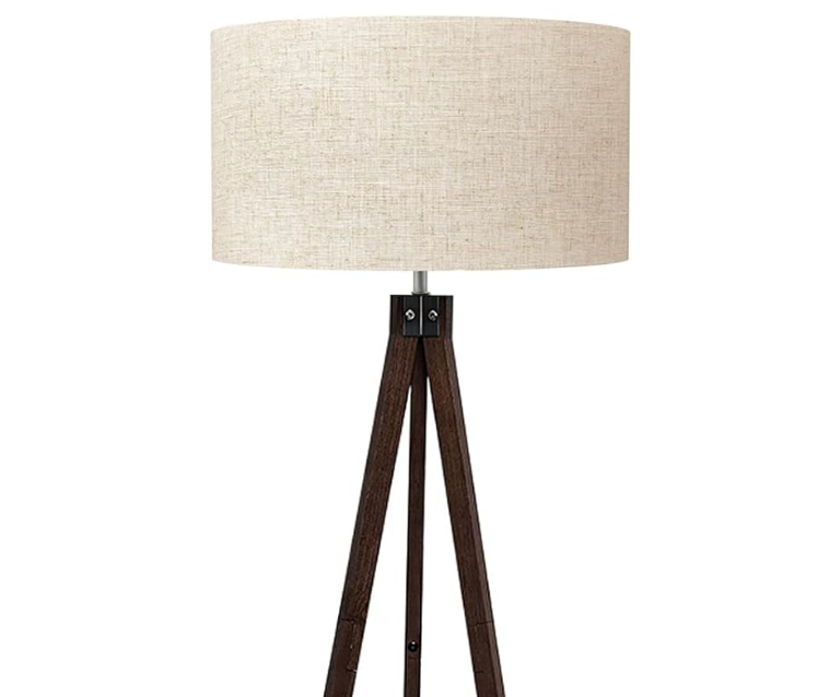 Walnut tripod floor lamp with linen drum shade, full view