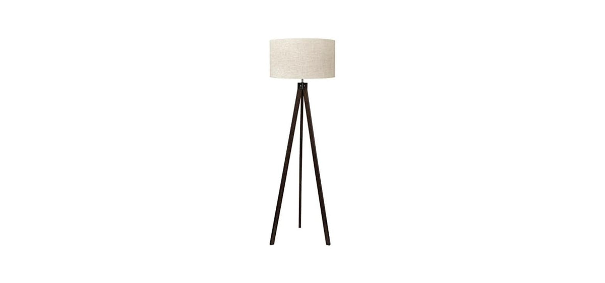 Walnut tripod floor lamp, full length view on white background